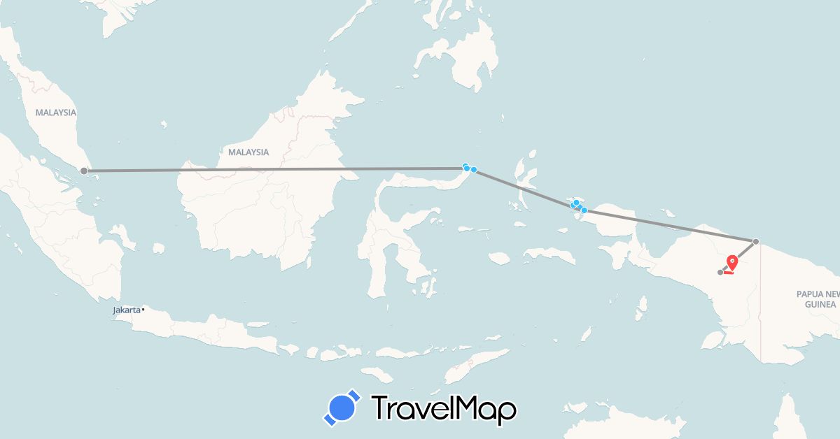 TravelMap itinerary: driving, plane, hiking, boat in Indonesia, Singapore (Asia)
